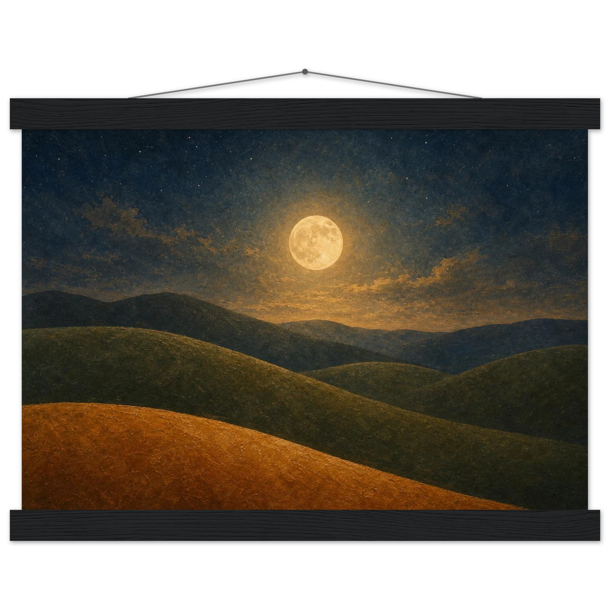 Moon Hills: night, minimalist landscape and charcoal. Fine art poster with wooden hanger by The Light Stays.