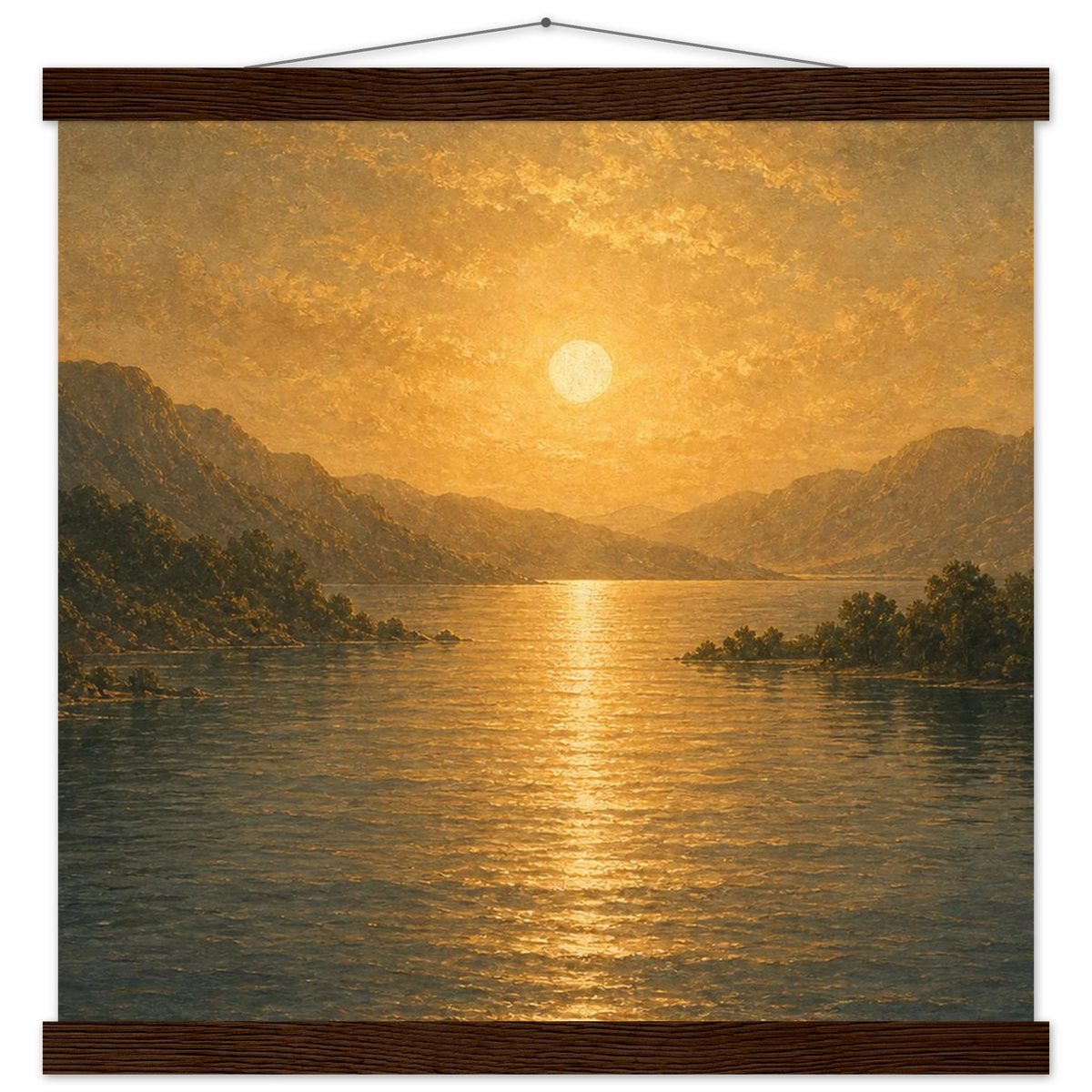Golden Reflection: lake, sunset and mountains. Fine art poster with wooden hanger by The Light Stays.