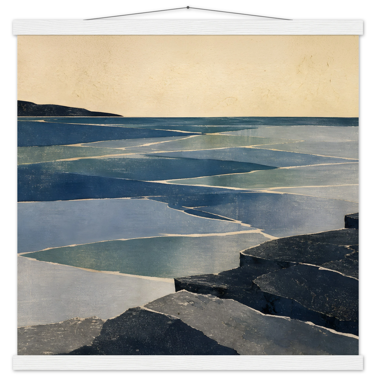 Indigo Tide: coastal landscape, jade water and japandi. Fine art poster with wooden hanger by The Light Stays.