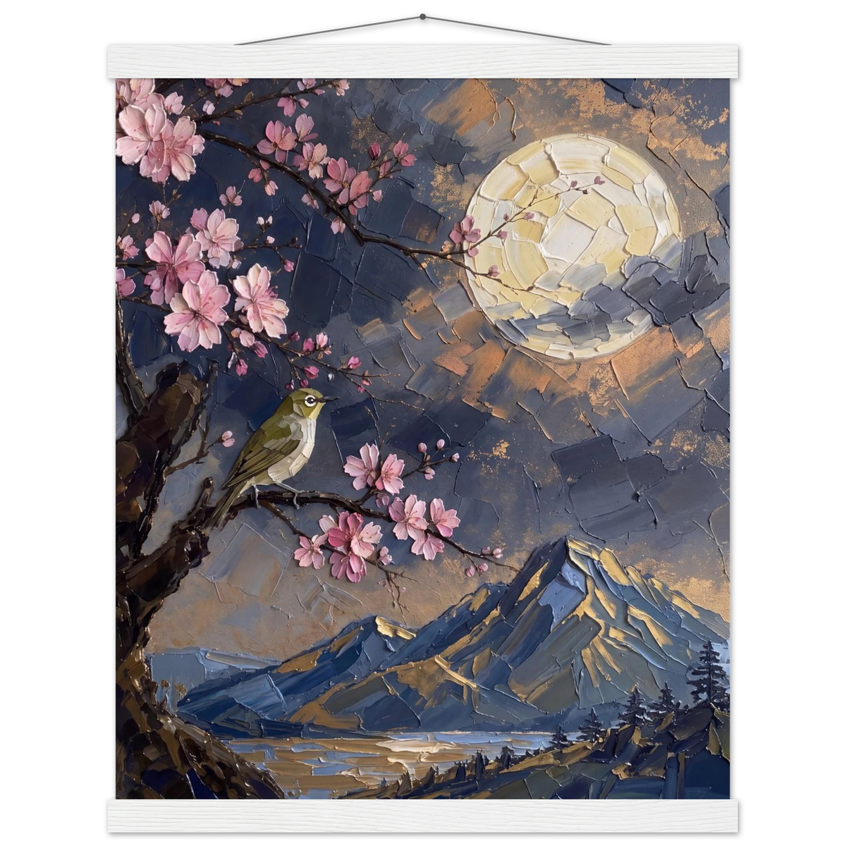 Blossom Moon: cherry blossom, japanese landscape and night. Fine art poster with wooden hanger by The Light Stays.