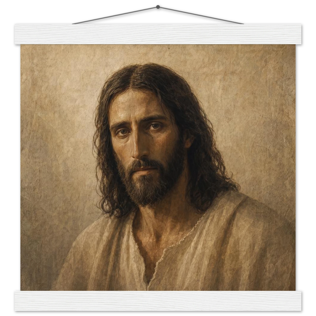 Pôster Kind Eyes com suporte de madeira, retrato sereno de Jesus em luz quente