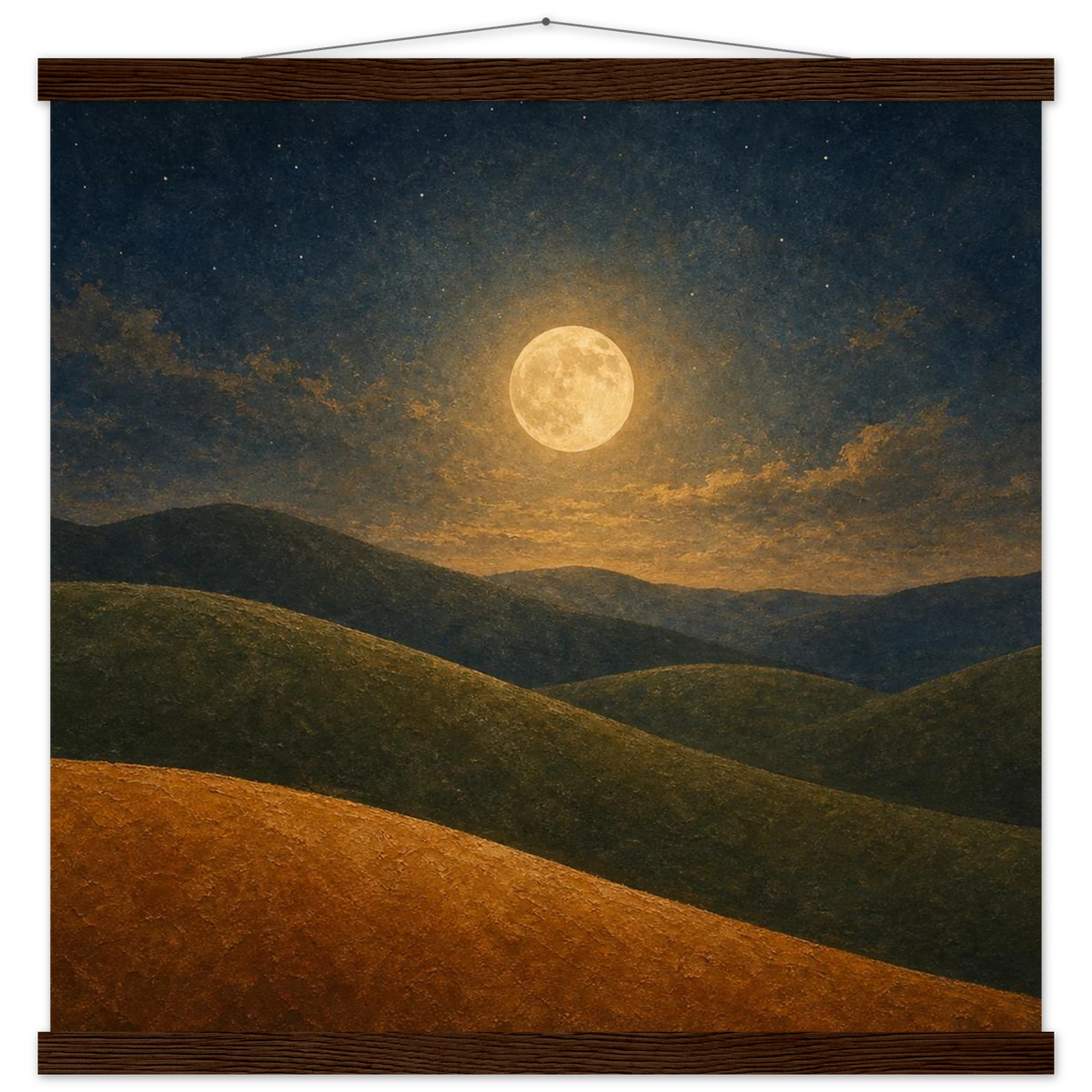 Moon Hills: night, minimalist landscape and charcoal. Fine art poster with wooden hanger by The Light Stays.