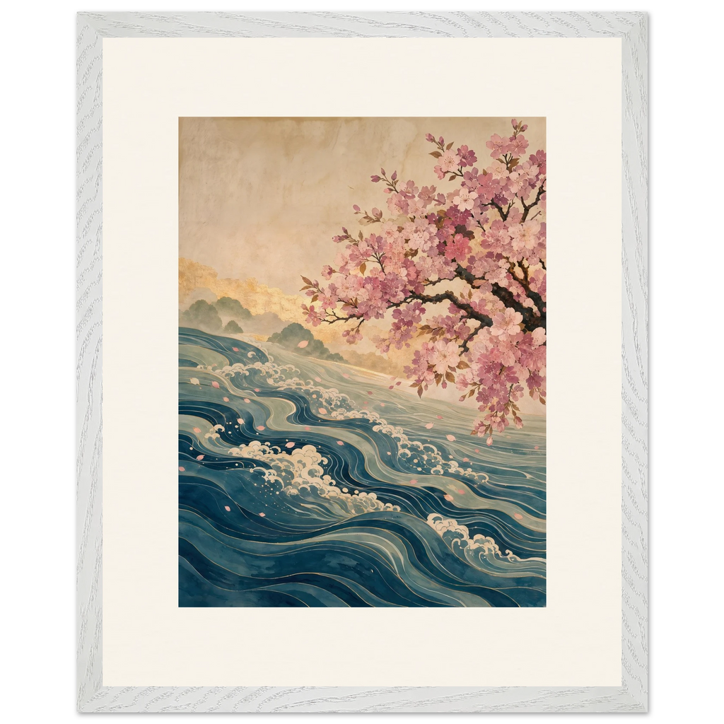 Blossom Tide, japanese art, cherry blossom and wave. Archival framed fine art print shown framed.