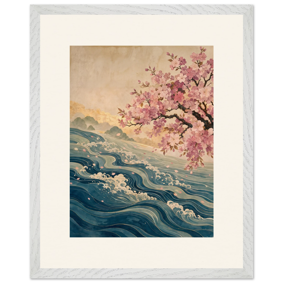 Blossom Tide, japanese art, cherry blossom and wave. Archival framed fine art print shown framed.