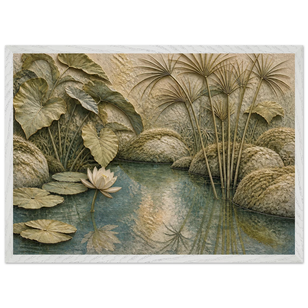 Papyrus Pond, lake, papyrus and serene greens. Archival framed fine art print shown framed.