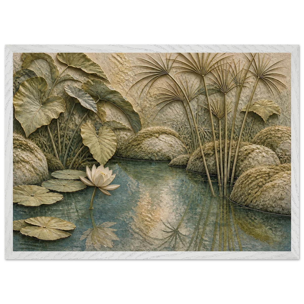 Papyrus Pond, lake, papyrus and serene greens. Archival framed fine art print shown framed.