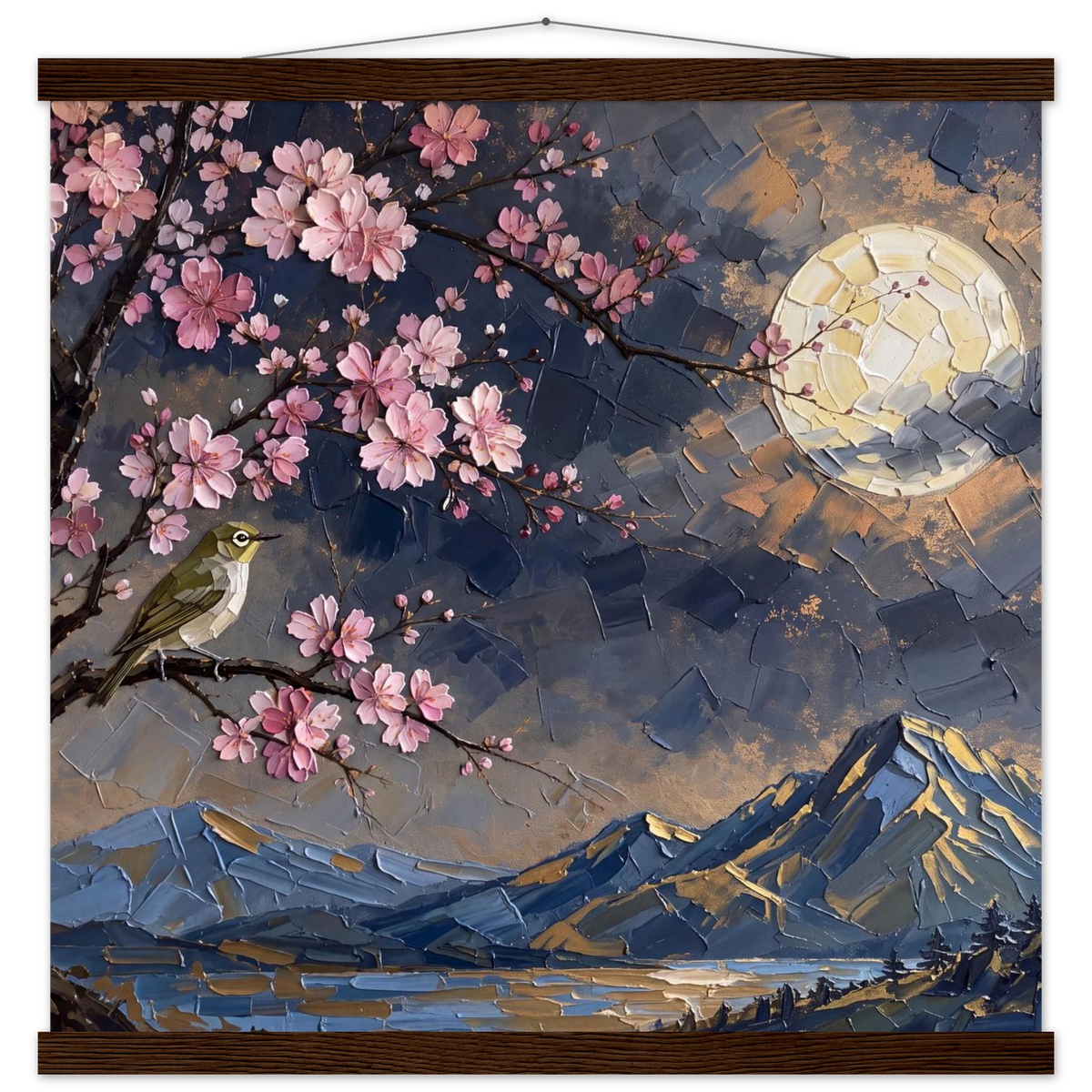 Blossom Moon: cherry blossom, japanese landscape and night. Fine art poster with wooden hanger by The Light Stays.