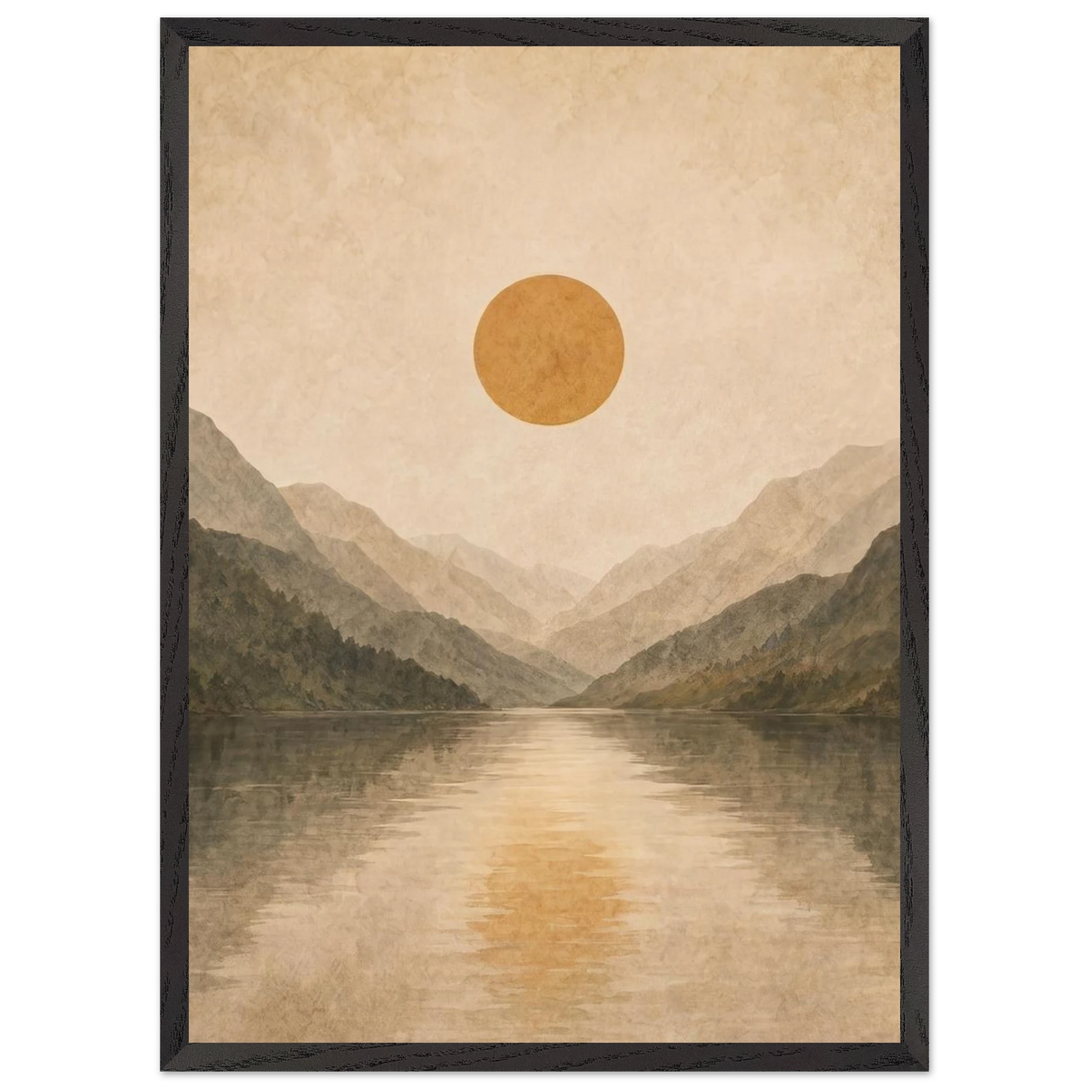 Lake Mirror: mountains, sunset and sun reflection. Framed fine art print by The Light Stays.
