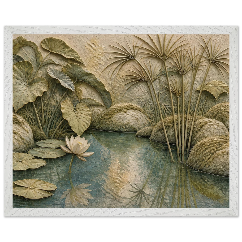 Papyrus Pond: lake, papyrus and serene greens. Museum-quality framed fine art print.