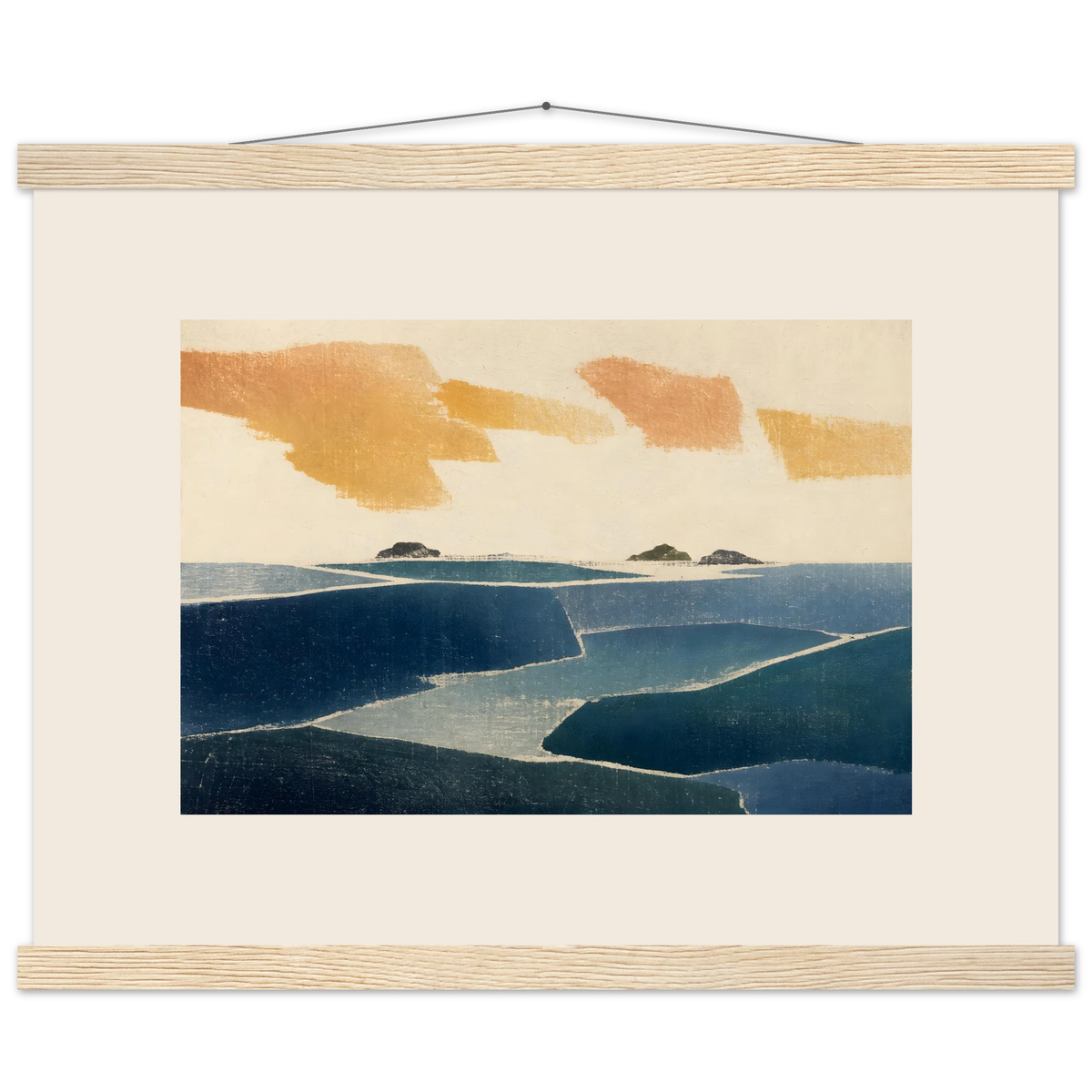Amber and Indigo: abstract, coastline and color field. Museum-quality fine art poster.