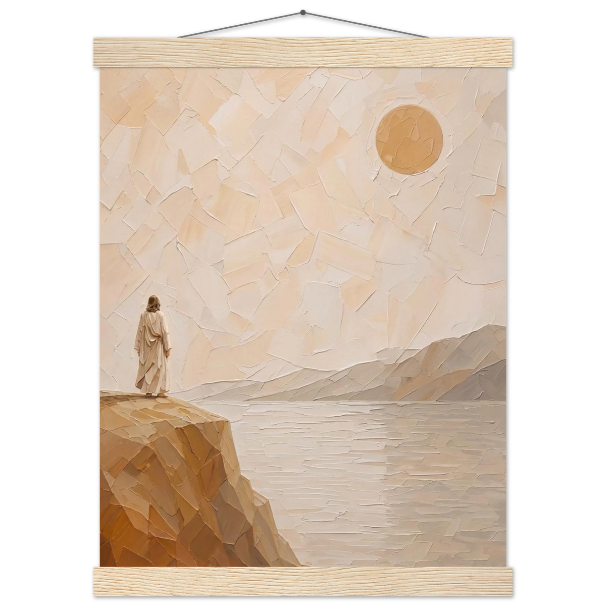 Salt Shore: jesus, cliff and sea. Fine art poster with wooden hanger by The Light Stays.