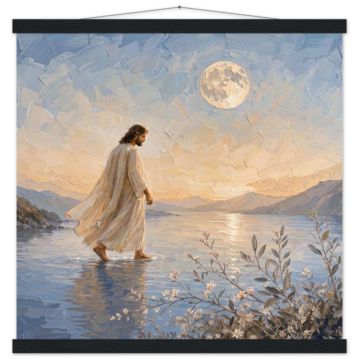 Upon the Waters: jesus, moon and night. Fine art poster with wooden hanger by The Light Stays.