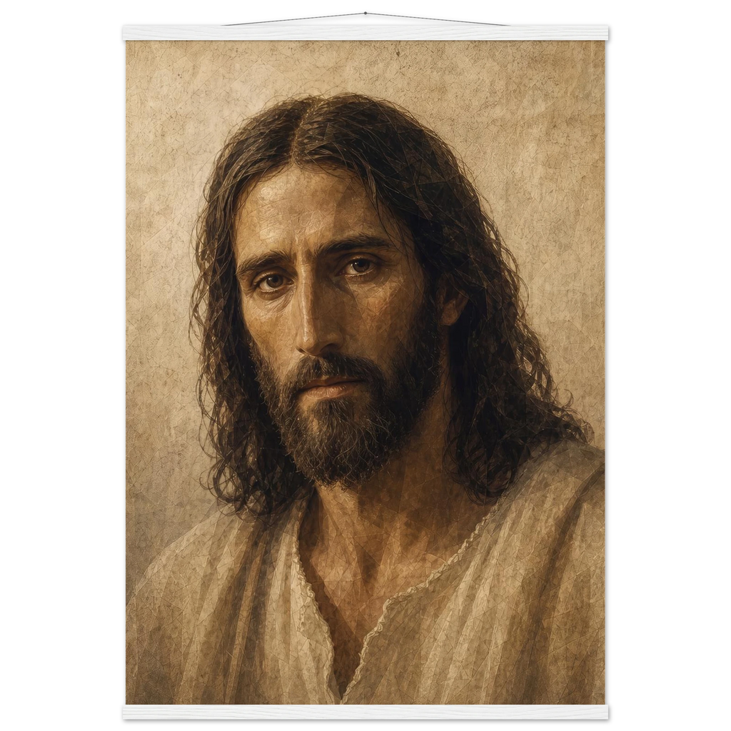 Pôster Kind Eyes com suporte de madeira, retrato sereno de Jesus em luz quente