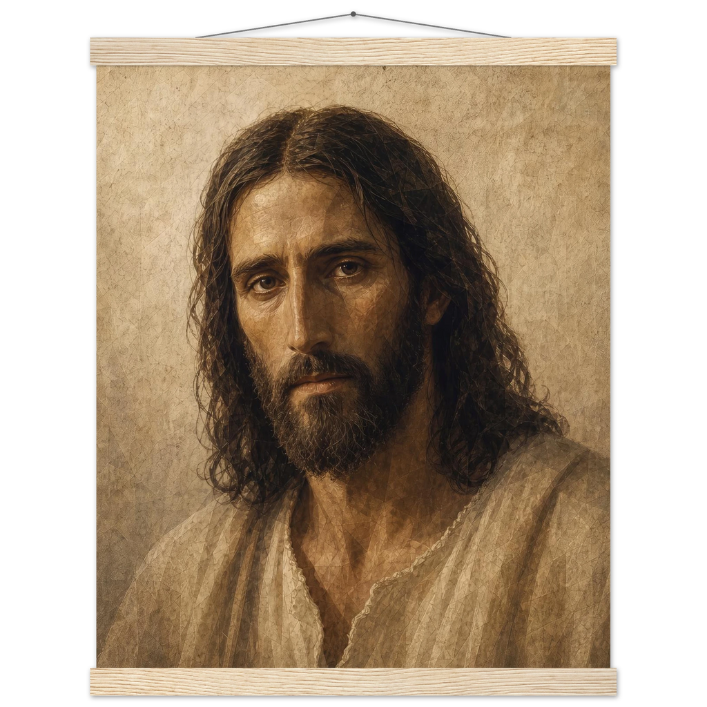 Pôster Kind Eyes com suporte de madeira, retrato sereno de Jesus em luz quente