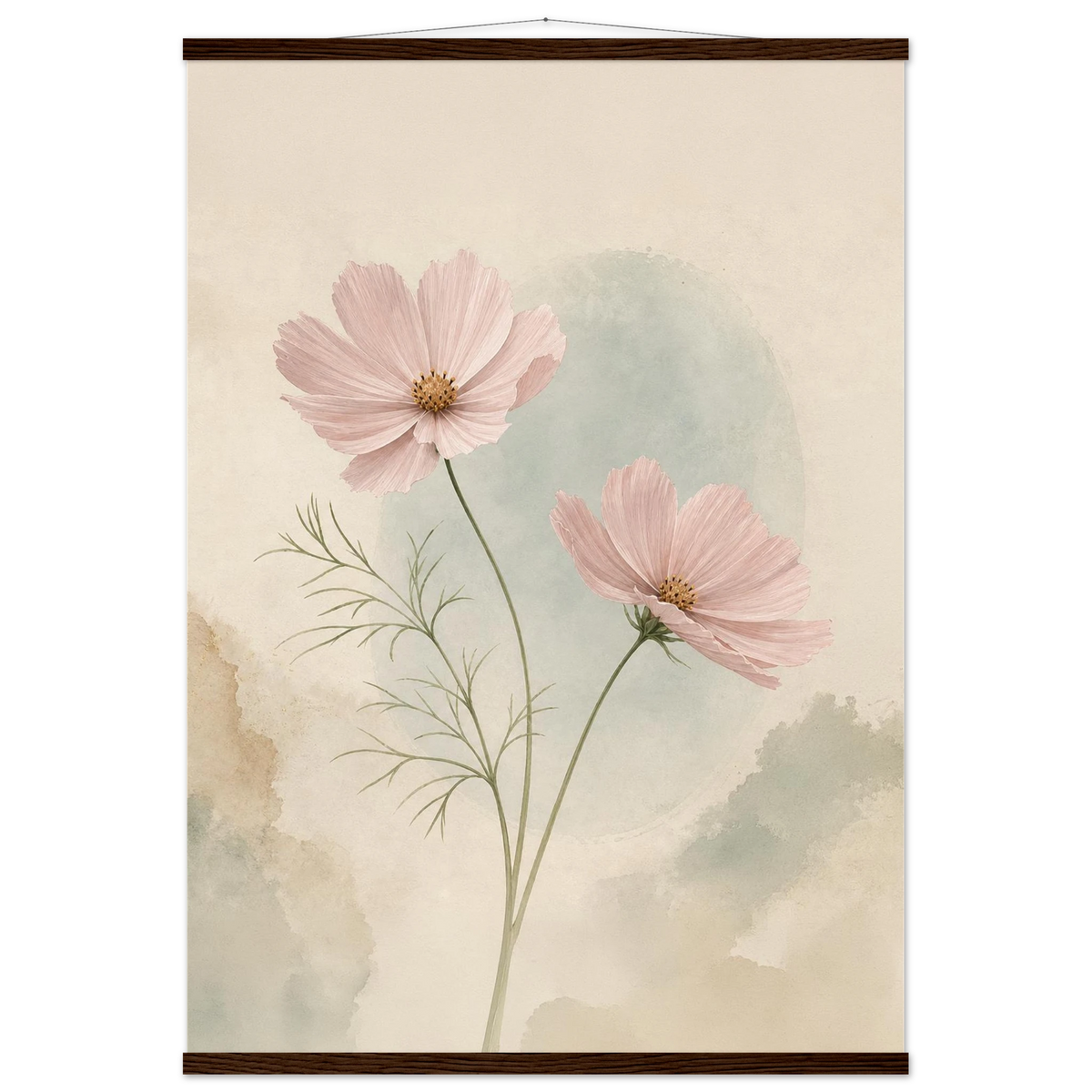 Cosmos Unison: flowers, blush and celadon. Fine art poster with wooden hanger by The Light Stays.