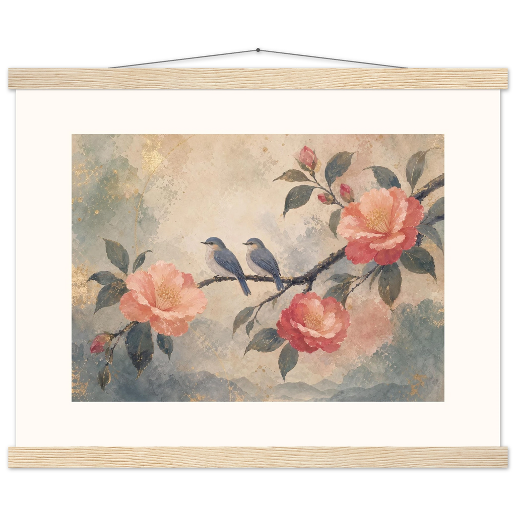 Camellia Birds, flowers and botanical. Archival fine art poster shown framed.