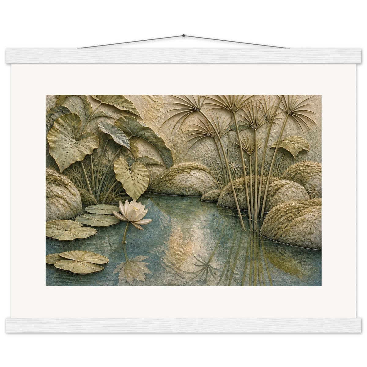 Papyrus Pond: lake, papyrus and serene greens. Fine art poster by The Light Stays.