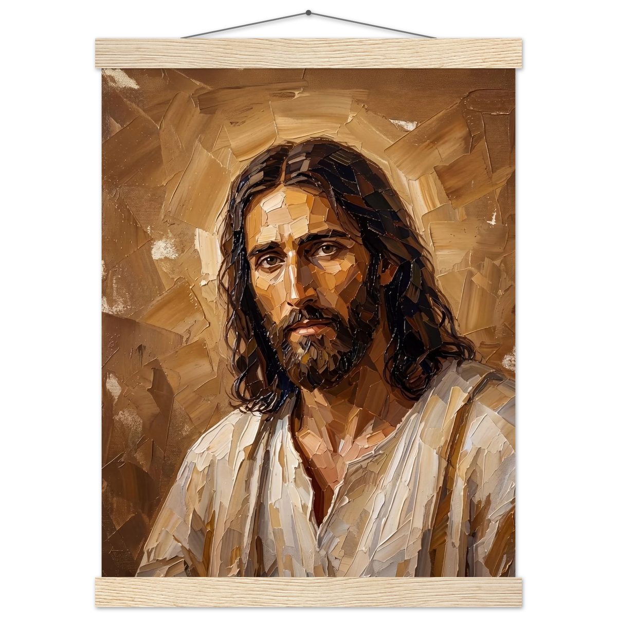 Kind Eyes: jesus, faith and serene gaze. Fine art poster with wooden hanger by The Light Stays.