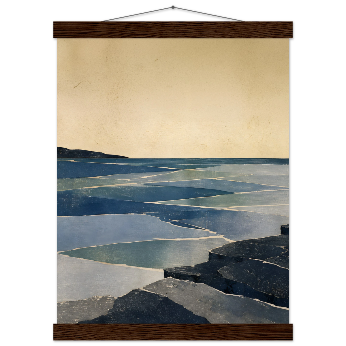 Indigo Tide: coastal landscape, jade water and japandi. Fine art poster with wooden hanger by The Light Stays.