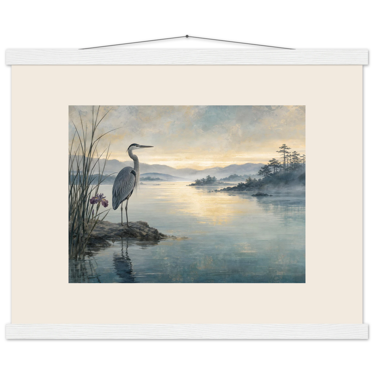 Heron at Dawn: japanese art and japandi. Museum-quality fine art poster.