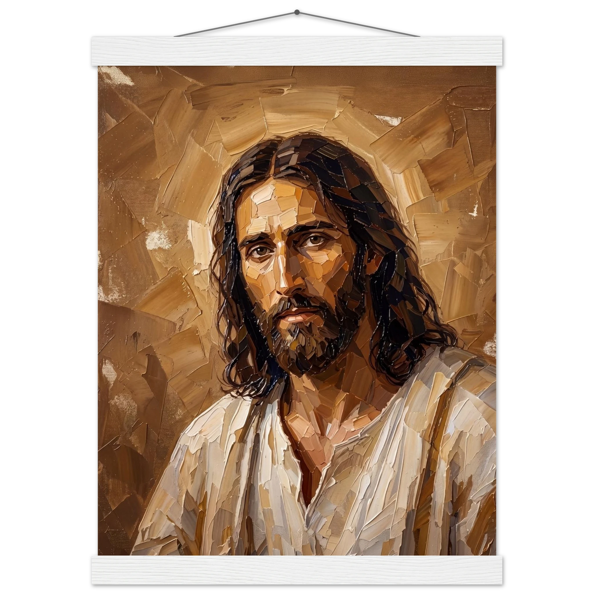Kind Eyes: jesus, faith and serene gaze. Fine art poster with wooden hanger by The Light Stays.