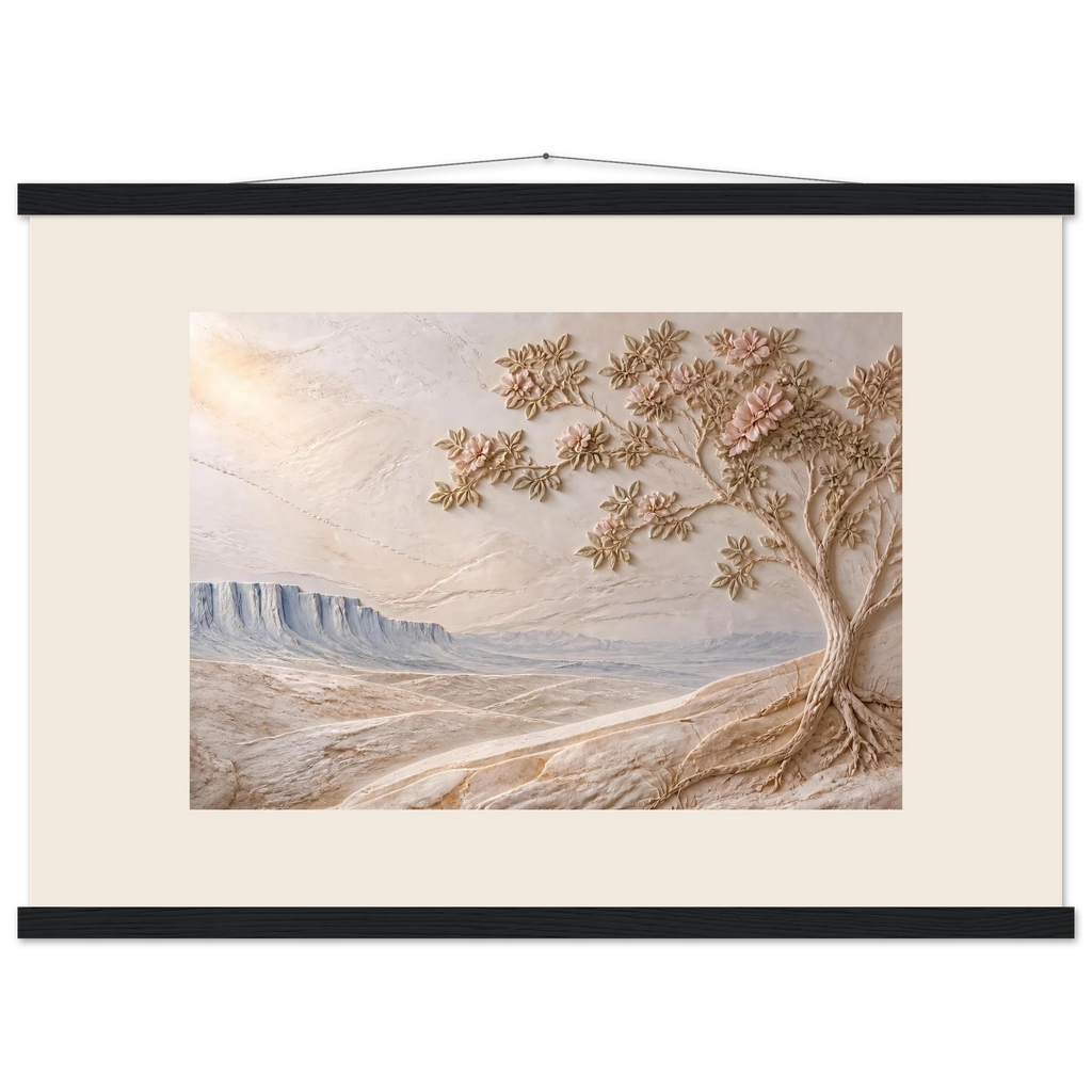 Cliffside Bloom: petra and flora. Museum-quality fine art poster.