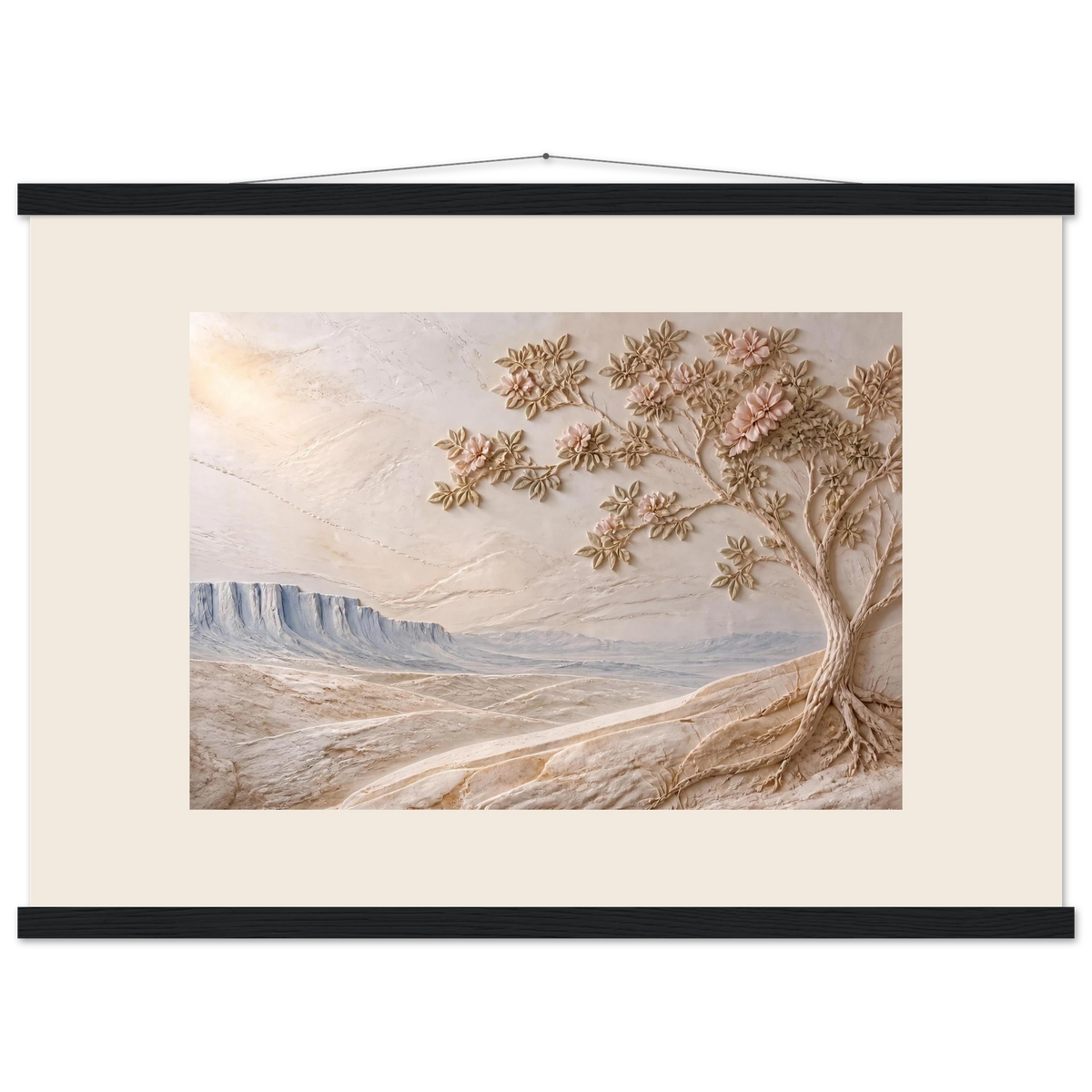 Cliffside Bloom: petra and flora. Museum-quality fine art poster.