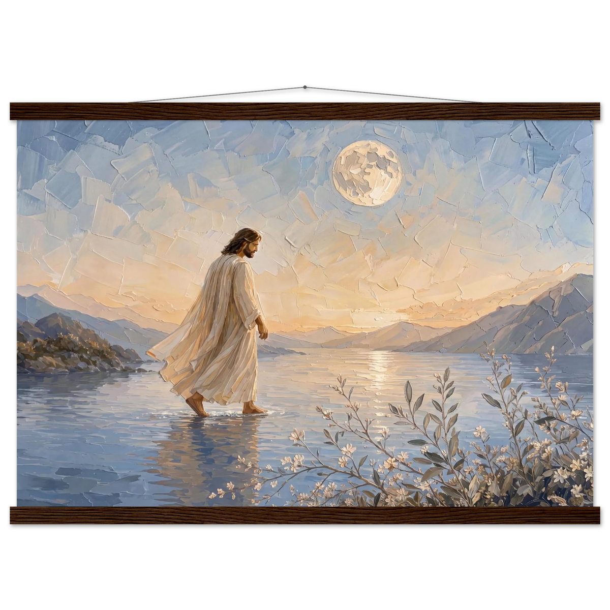 Upon the Waters: jesus, moon and night. Fine art poster with wooden hanger by The Light Stays.