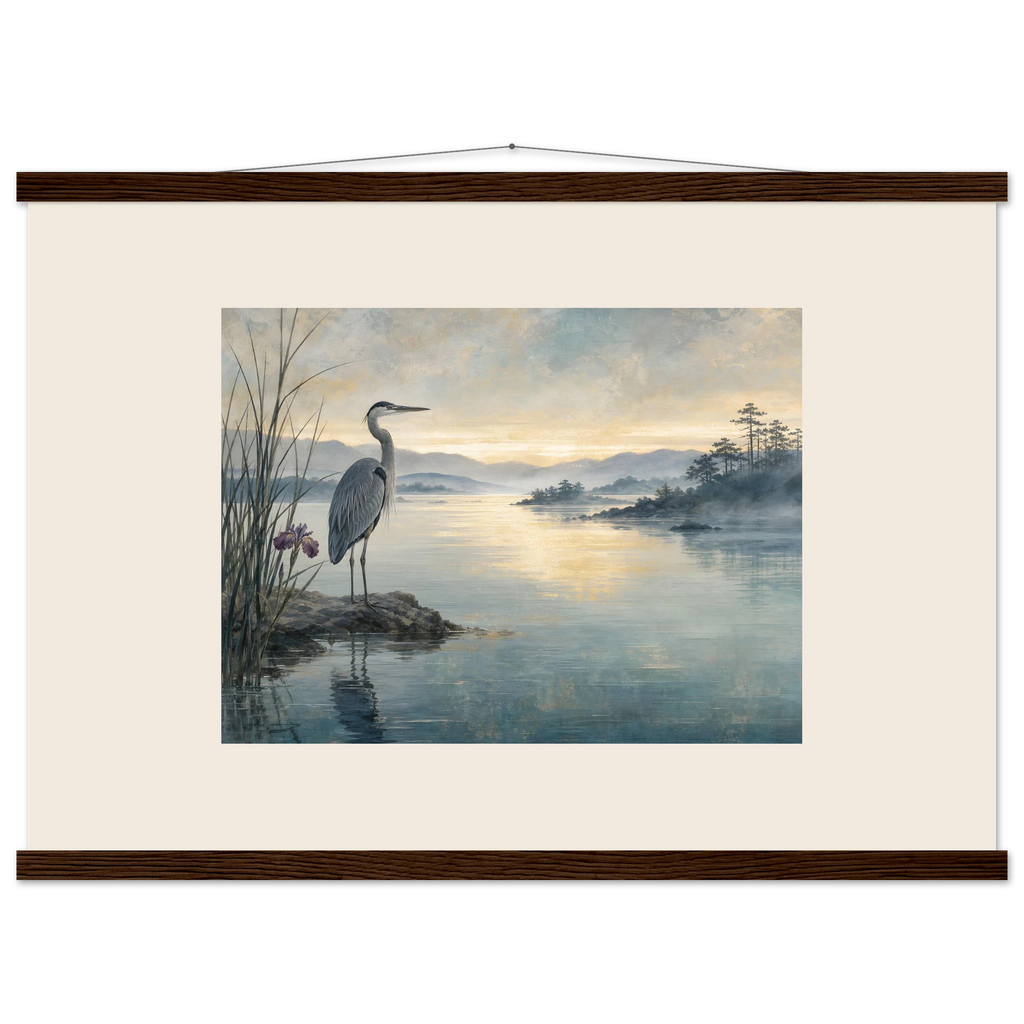 Heron at Dawn, japanese art and japandi. Archival fine art poster shown framed.