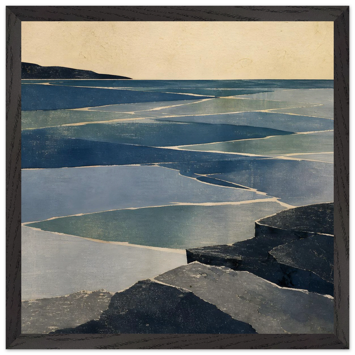 Indigo Tide: coastal landscape, jade water and japandi. Framed fine art print by The Light Stays.