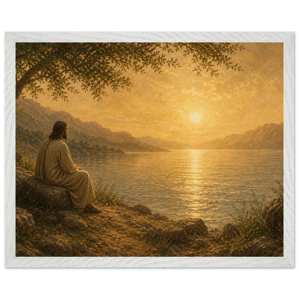 Quadro cristão Bênção do Lago, Jesus sob uma oliveira diante de um lago dourado