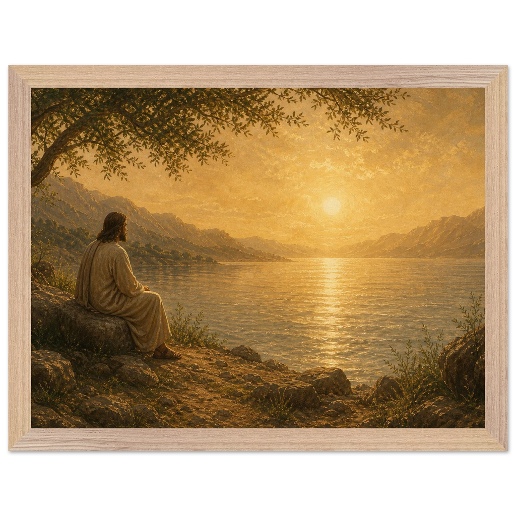 Quadro cristão Bênção do Lago, Jesus sob uma oliveira diante de um lago dourado