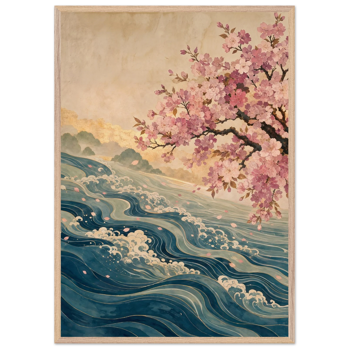 Blossom Tide: japanese art, cherry blossom and wave. Framed fine art print, alternate frame and size.