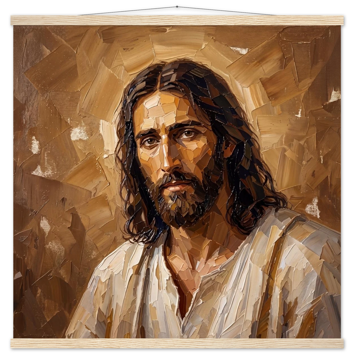 Kind Eyes: jesus, faith and serene gaze. Fine art poster with wooden hanger by The Light Stays.