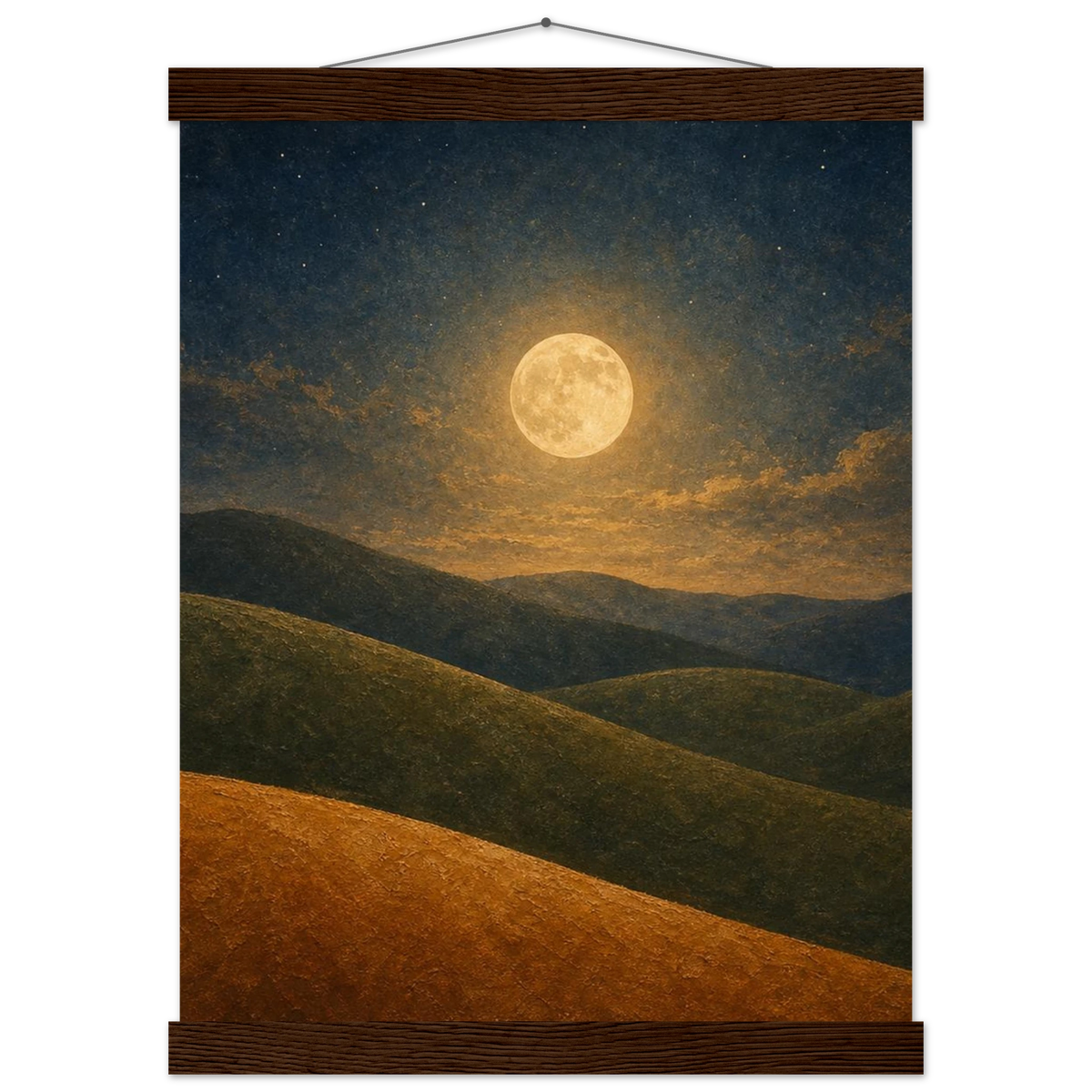 Moon Hills: night, minimalist landscape and charcoal. Fine art poster with wooden hanger by The Light Stays.