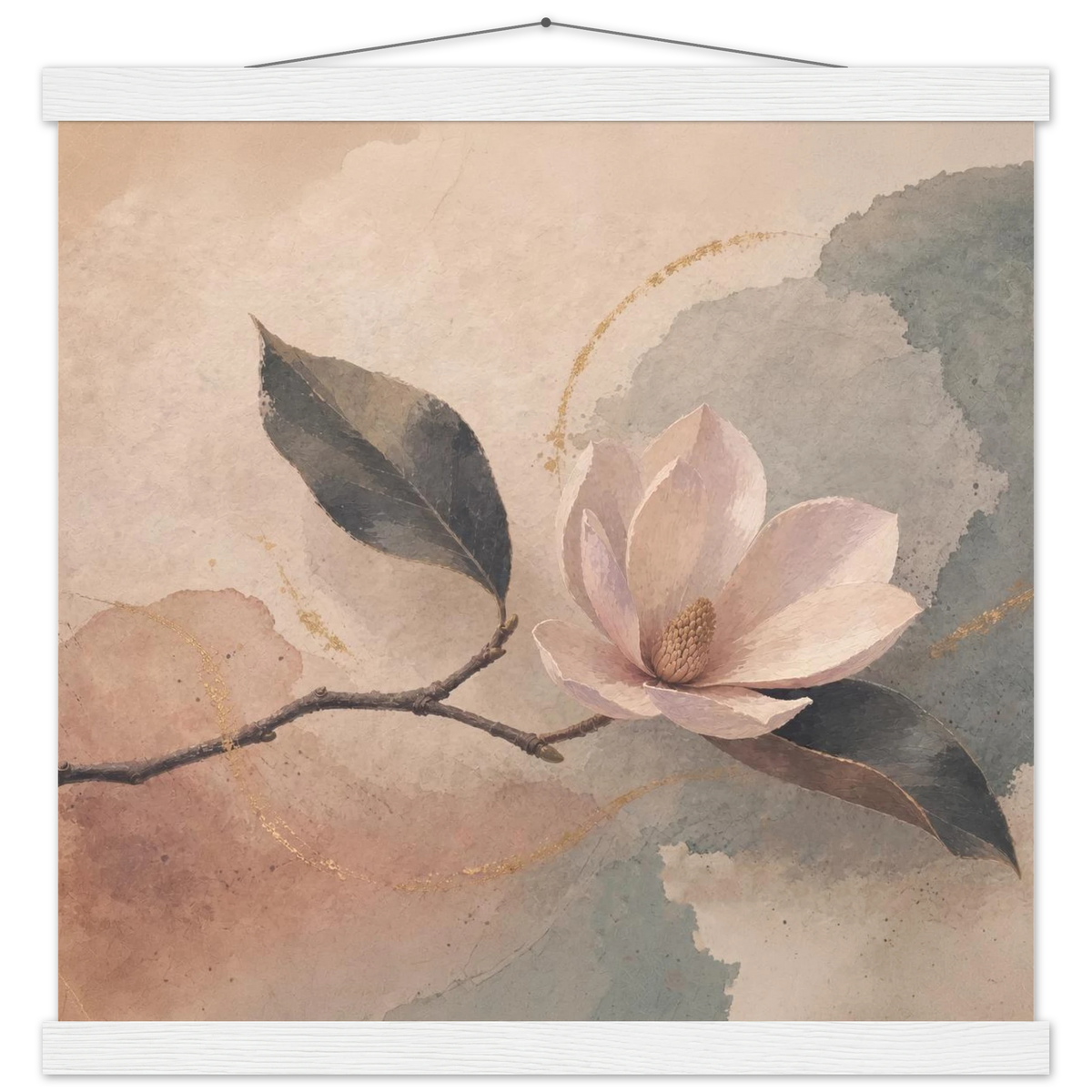 Magnolia Reverie: botanical, sage and japandi. Fine art poster with wooden hanger by The Light Stays.
