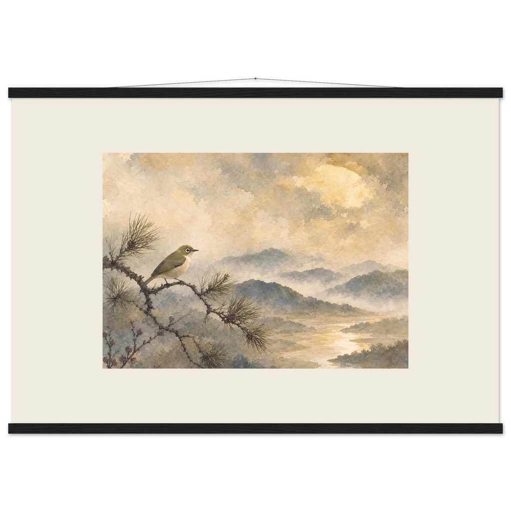 Golden Moon Bird: japanese art and japandi. Museum-quality fine art poster.