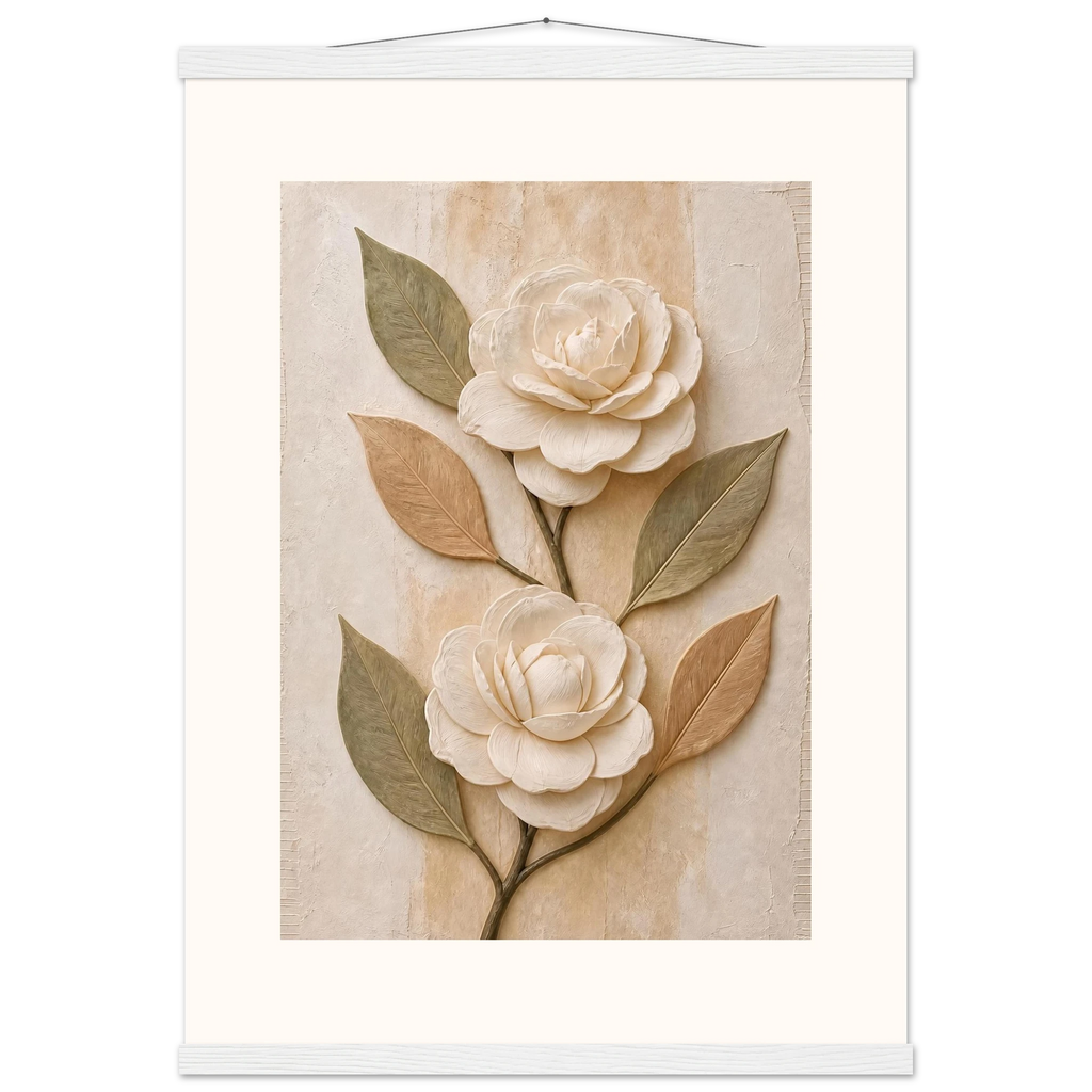 Carved Camellia, flowers and botanical. Archival fine art poster shown framed.