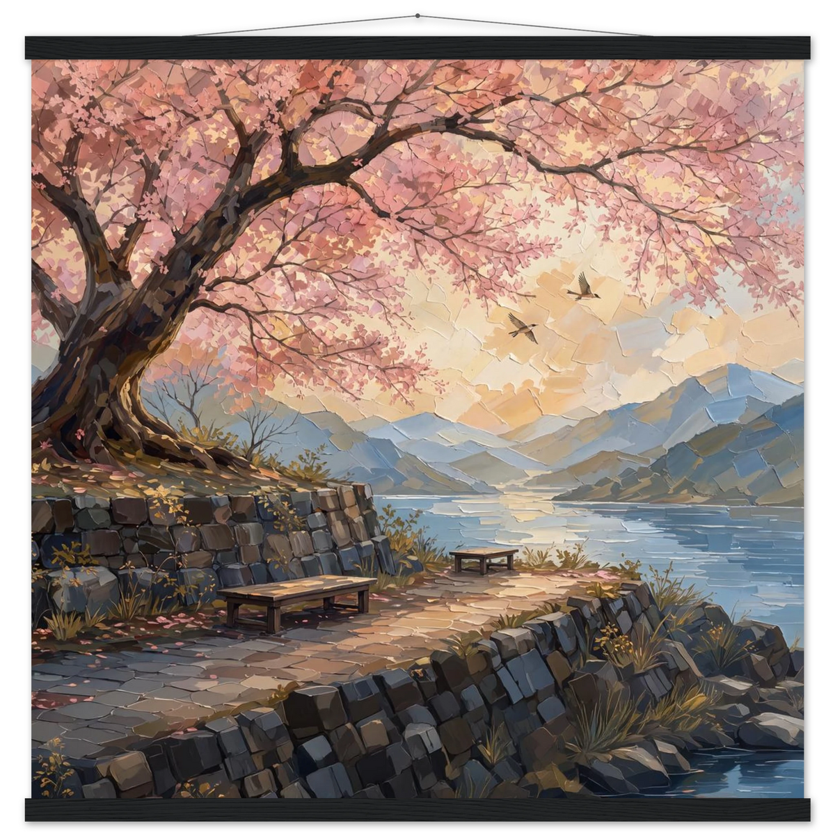 Cherry Blossom Lake: japanese art, sunset and japandi. Fine art poster with wooden hanger by The Light Stays.