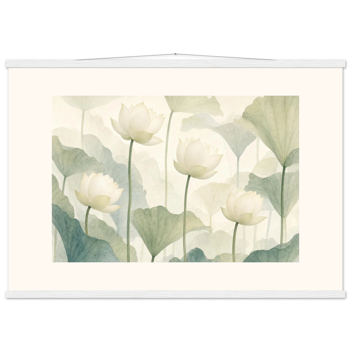 Ivory Lotus Screen: flowers and botanical. Fine art poster, alternate frame and size.