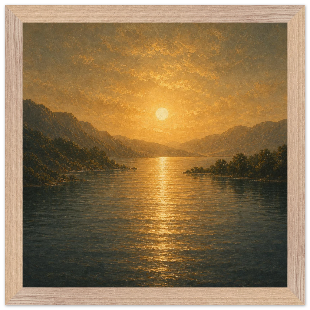Quadro emoldurado Reflexo Dourado, lago e montanhas sob luz dourada
