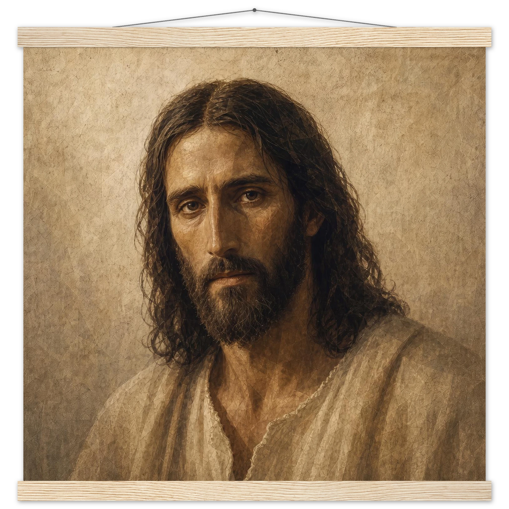 Pôster Kind Eyes com suporte de madeira, retrato sereno de Jesus em luz quente