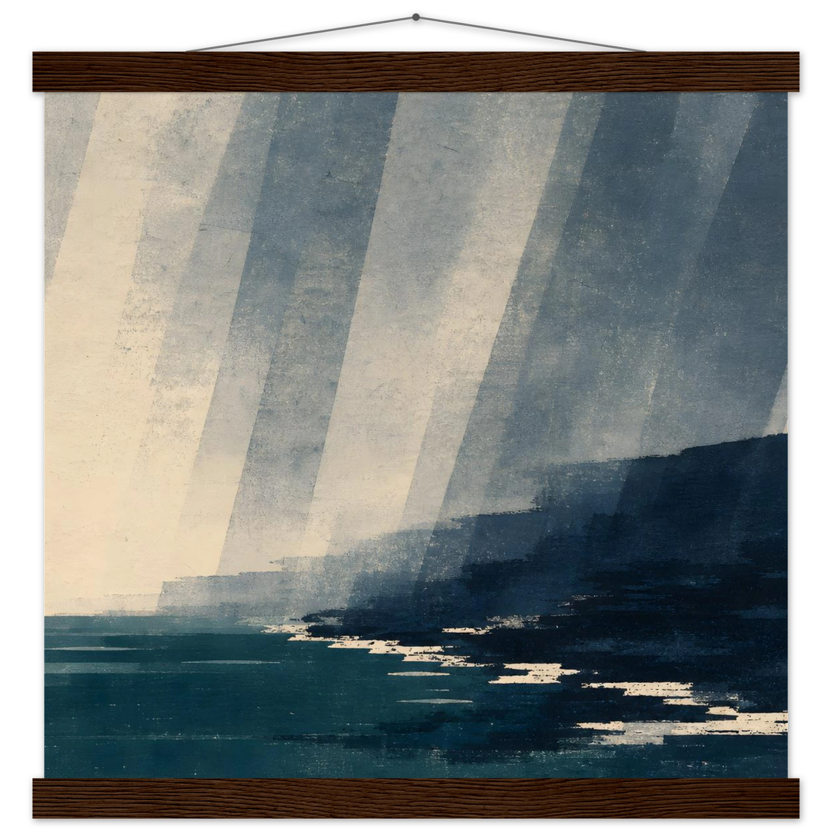 Rain Coast: japandi, teal blue and atmosphere. Fine art poster with wooden hanger by The Light Stays.