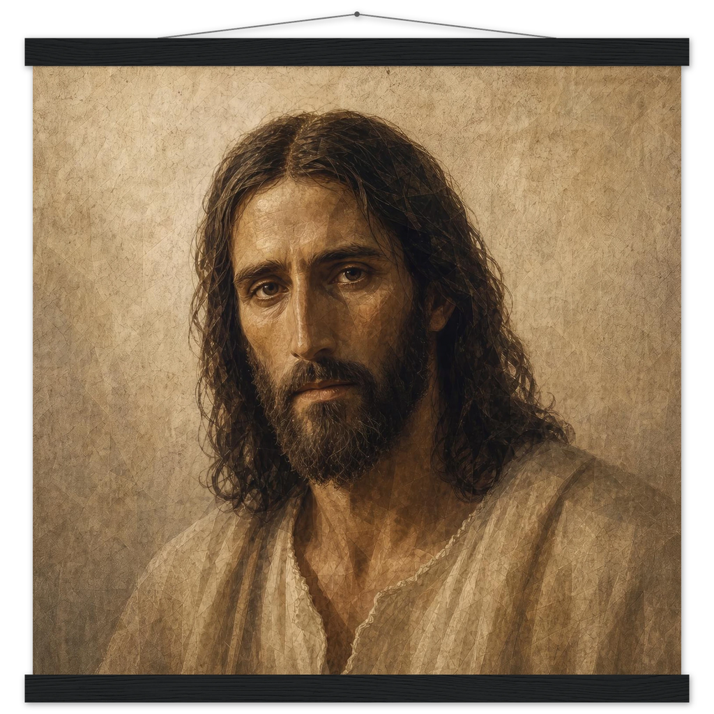 Pôster Kind Eyes com suporte de madeira, retrato sereno de Jesus em luz quente