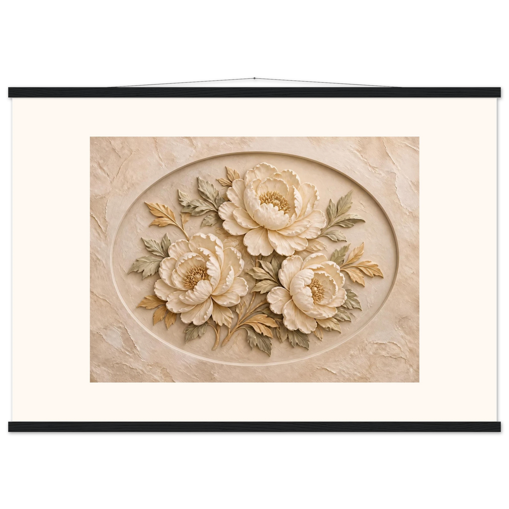 Peonies in Stone: flowers and botanical. Fine art poster, alternate frame and size.