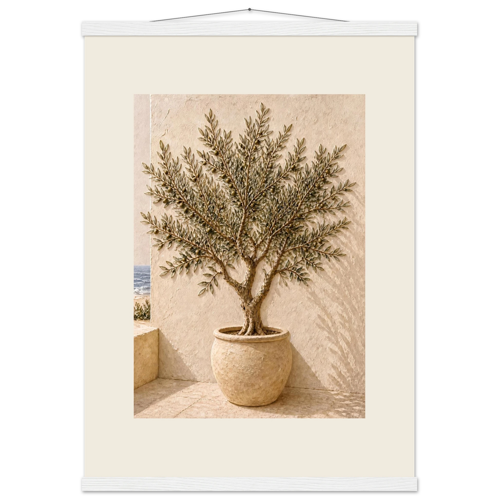 Olive Terrace, landscape and sun. Archival fine art poster shown framed.