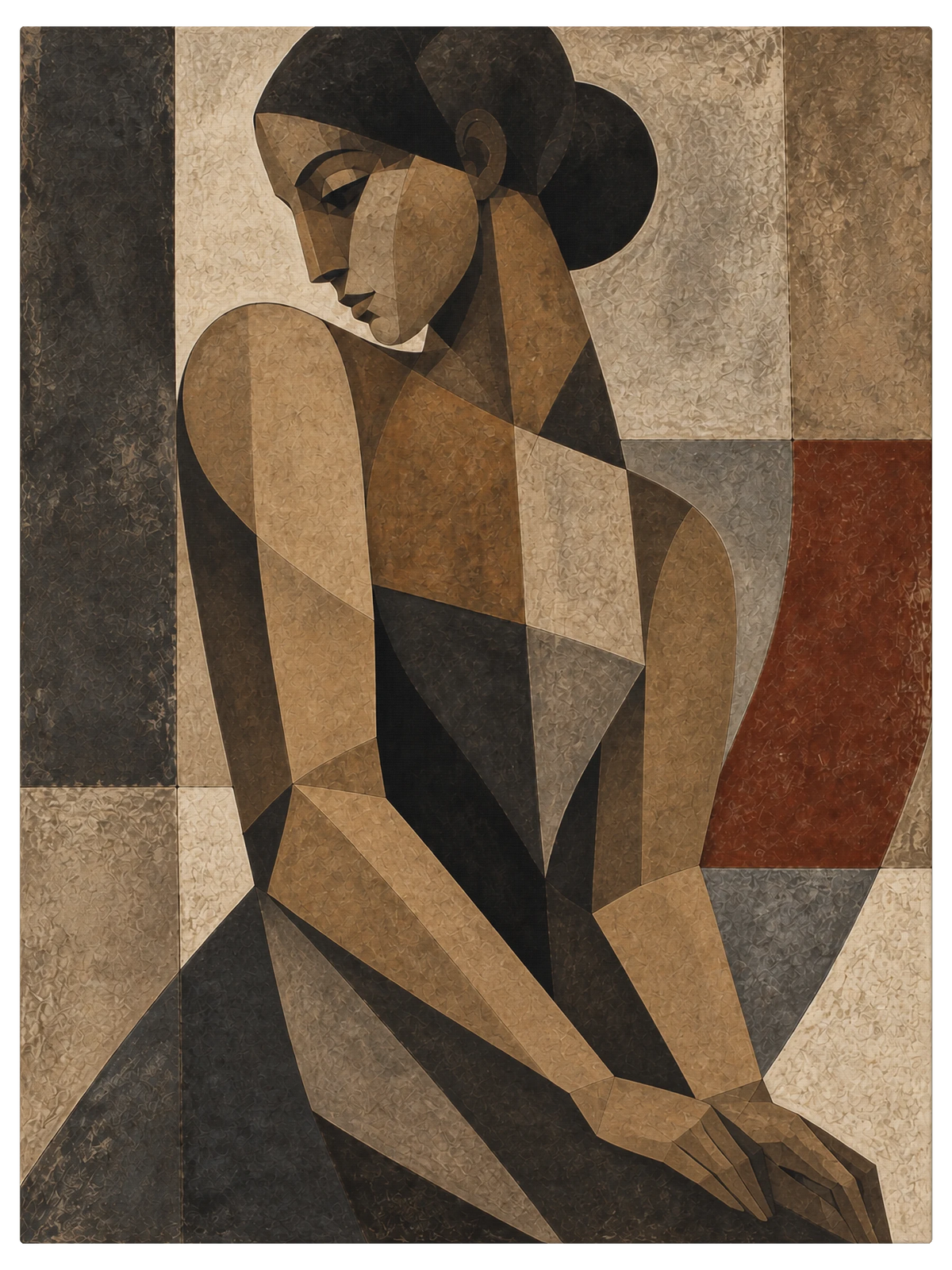 Woman seated with her hands folded in her lap and her head lowered, in clay and slate against an oxblood panel, shown as the object on gallery canvas, no frame