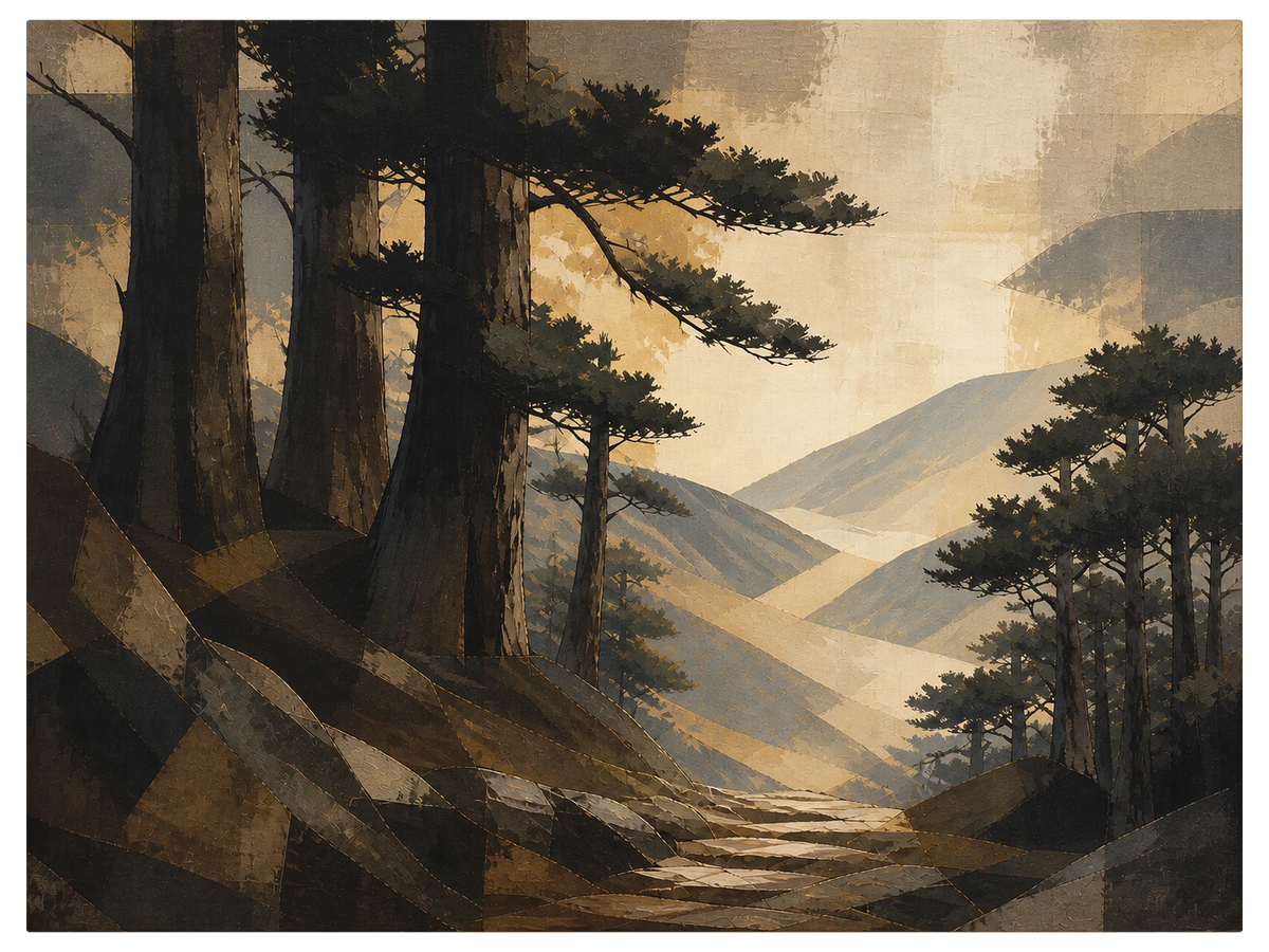 Path running between tall dark pine trunks toward a pale valley, low sunlight crossing the ground, shown as the object on gallery canvas, no frame