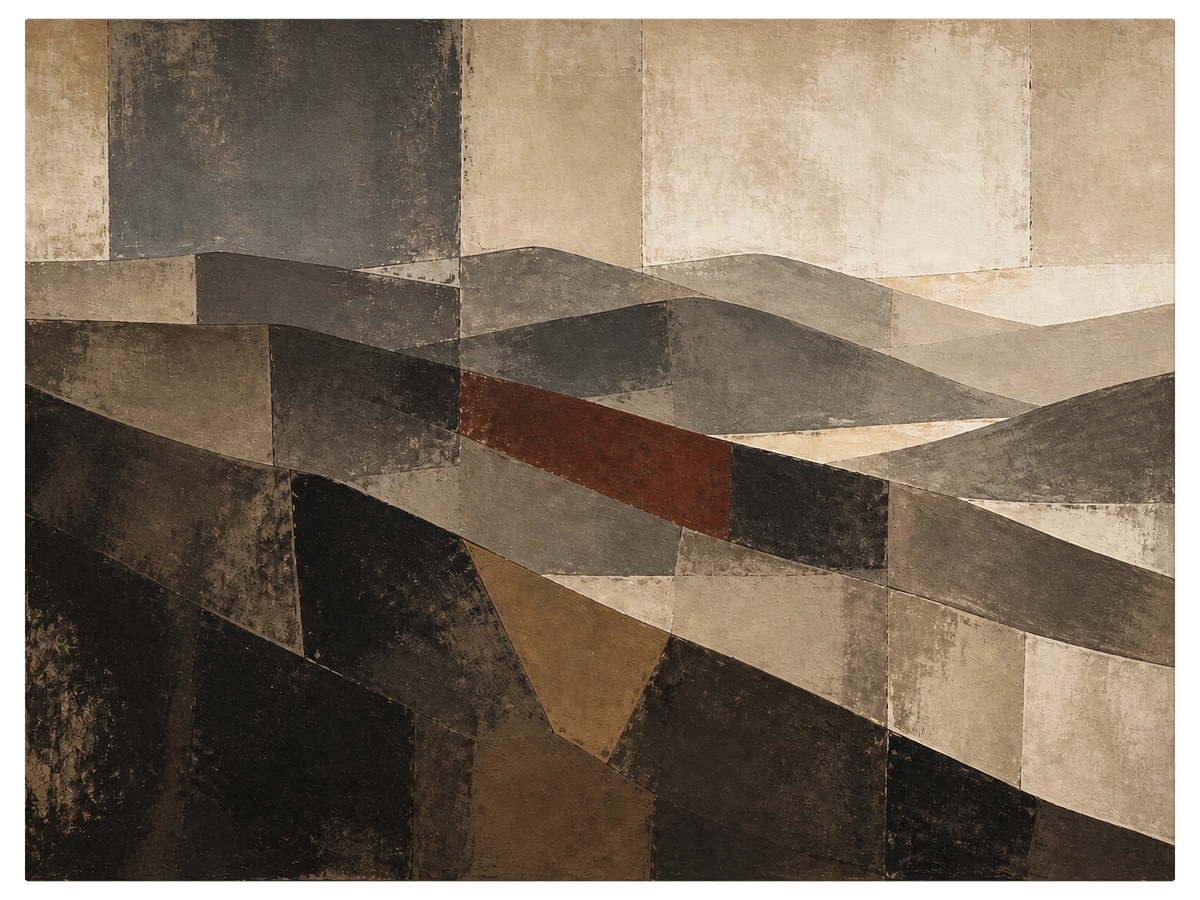 Landscape reduced to stacked bands of umber, gray and bone with a single red block near the middle, shown as the object on gallery canvas, no frame