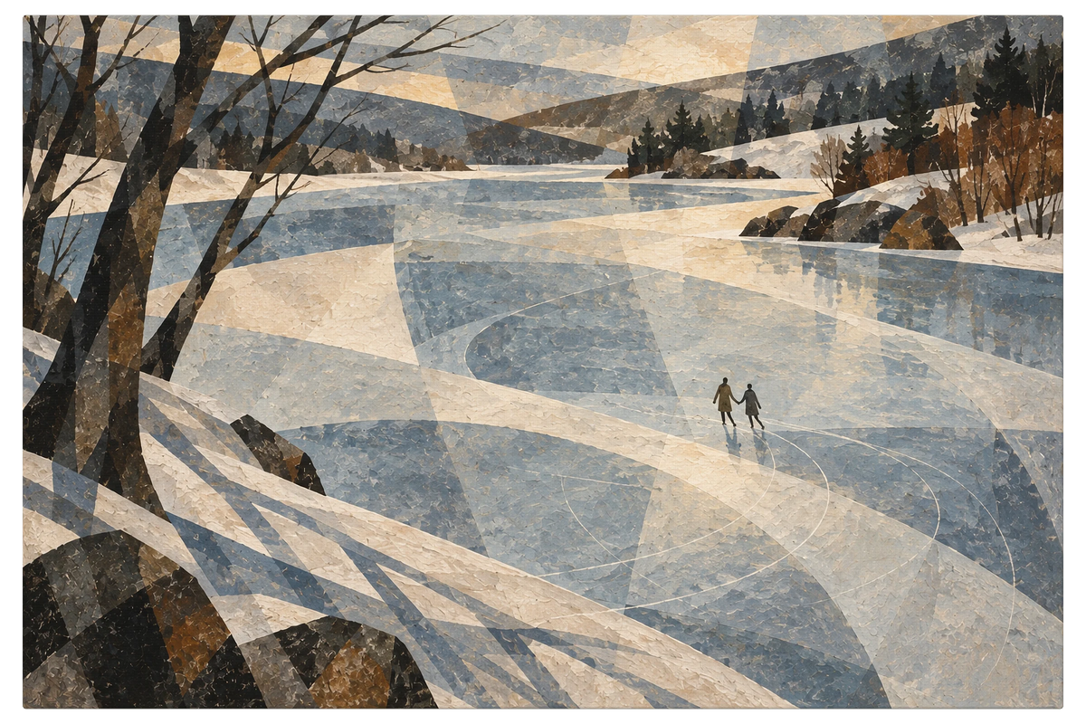Two small figures out on a frozen river between bare trees, pale blue ice sweeping away behind them, shown as the object on gallery canvas, no frame